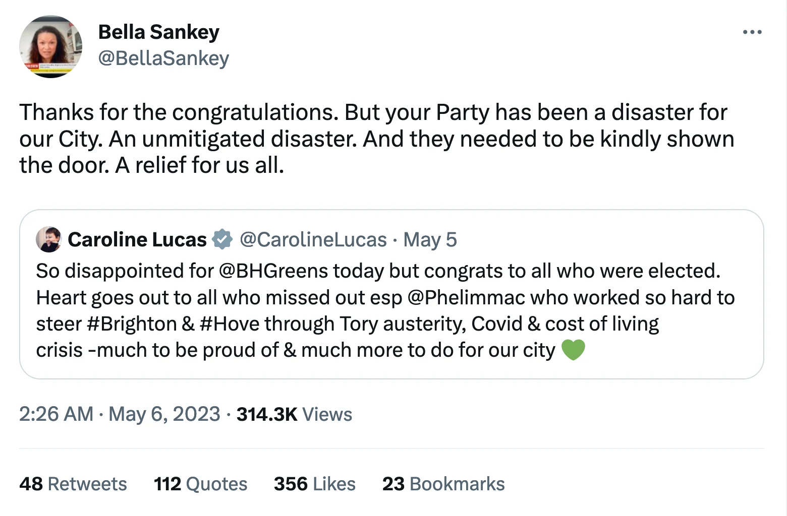 Thanks for the congratulations. But your Party has been a disaster for our City. An unmitigated disaster. And they needed to be kindly shown the door. A relief for us all.
